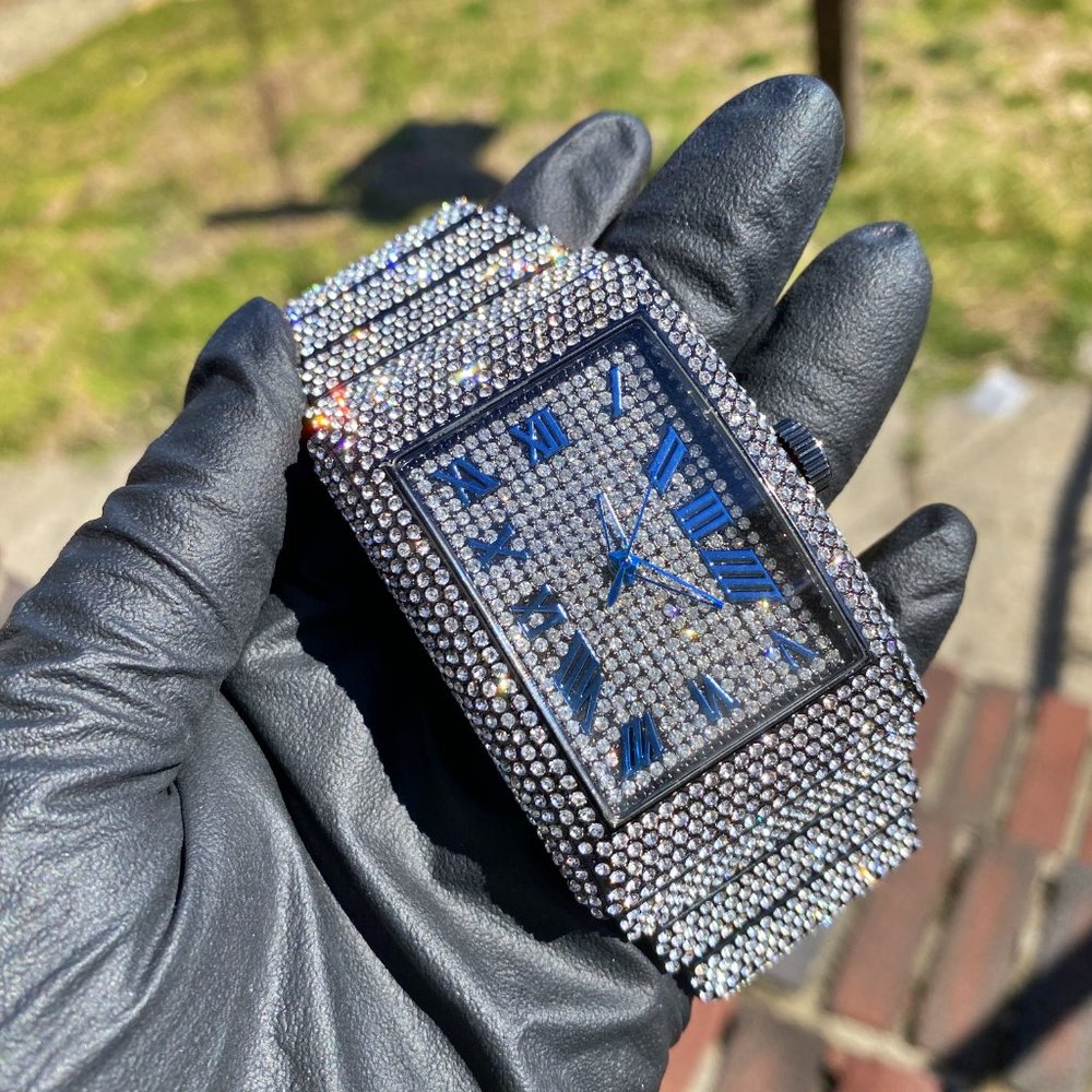 Full Iced Gold PT/ White Gold PT Hip Hop Rectangle Luxury Stylish Quartz Watch - Picture 16 of 16